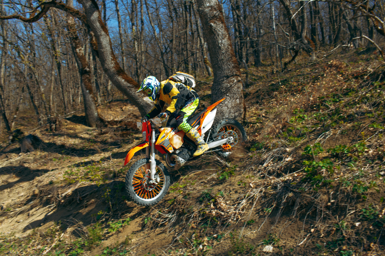 Imagem ilustrando o conteúdo sobre como se preparar para uma corrida de motocross mostrando um competidor correndo em uma área de mata.