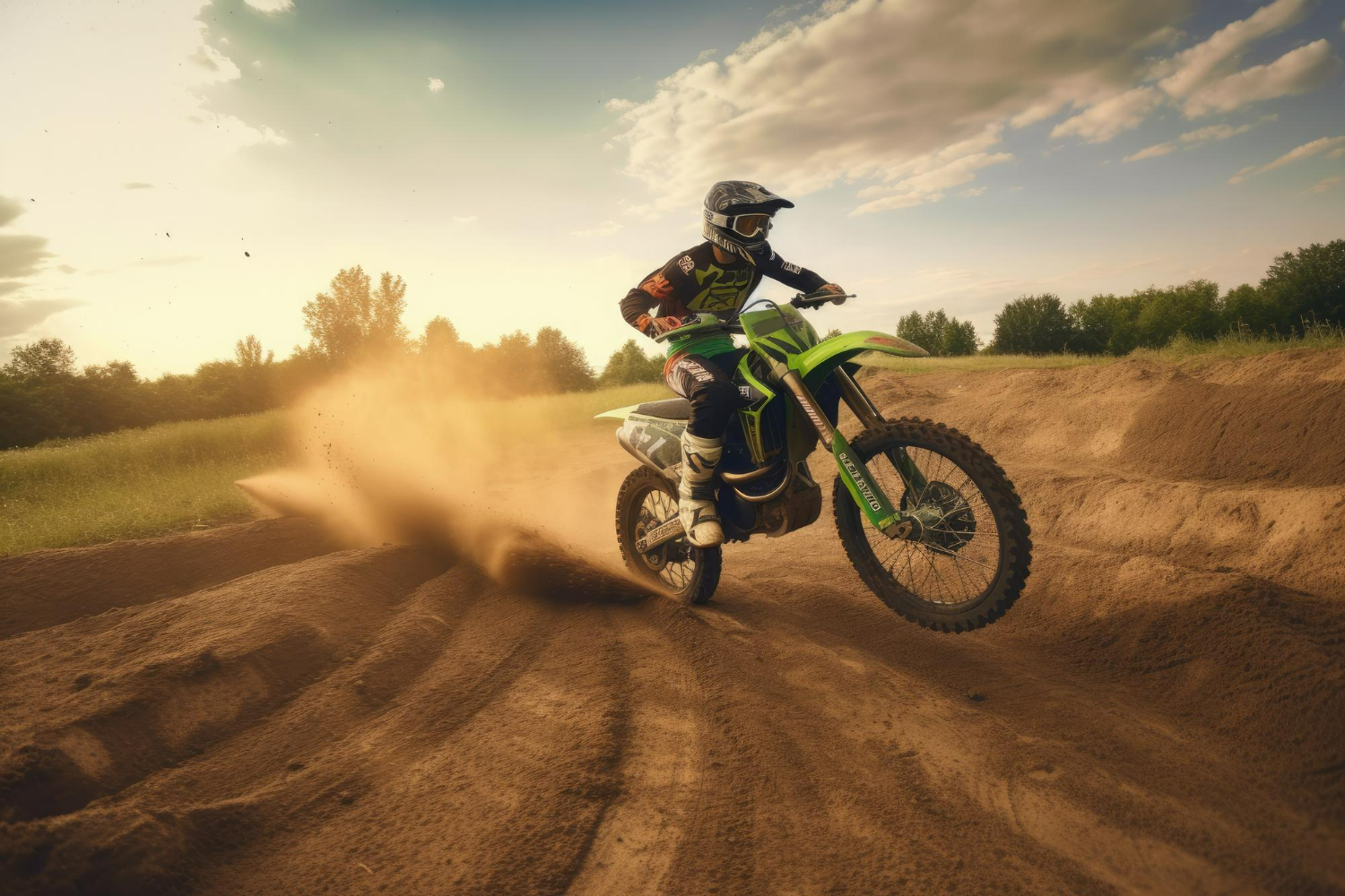 Imagem gerada por IA ilustrando o conteúdo sobre conjunto para motocross mostrando um competidor usando essas peças.