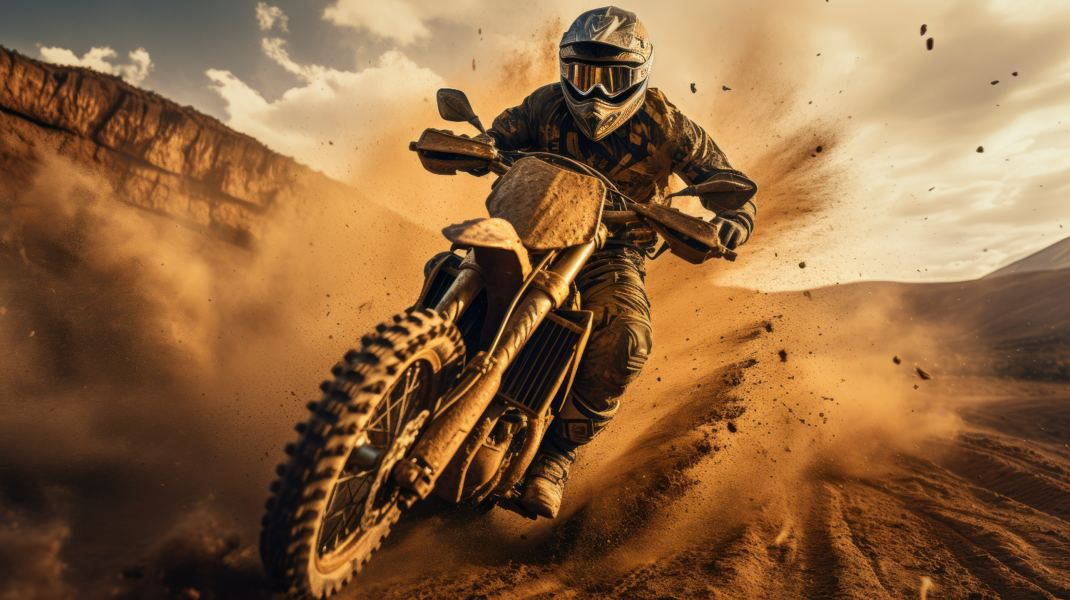 Imagem gerada por IA ilustrando o conteúdo sobre como equipar uma moto de motocross, mostrando um piloto em sua moto fazendo trilha.