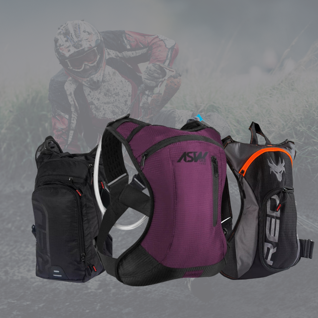 Imagem mostrando opções de mochila de hidratação para motocross disponíveis na loja online Rota 31.