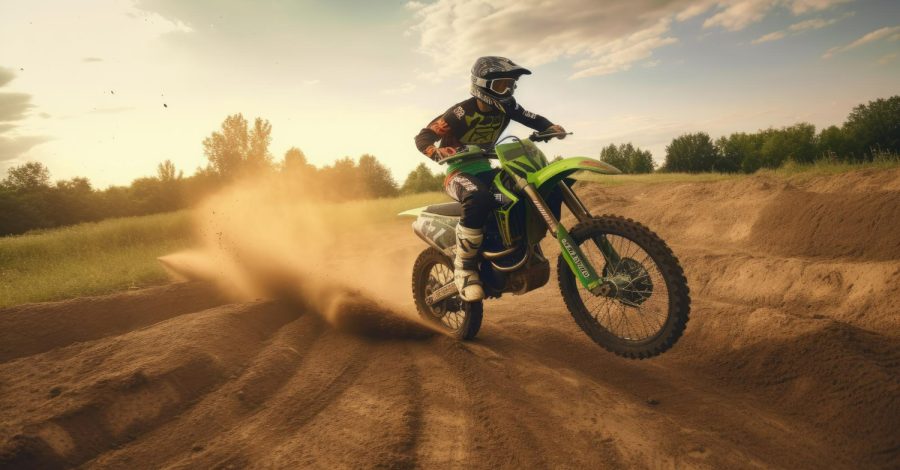 Imagem gerada por IA ilustrando o conteúdo sobre conjunto para motocross mostrando um competidor usando essas peças.