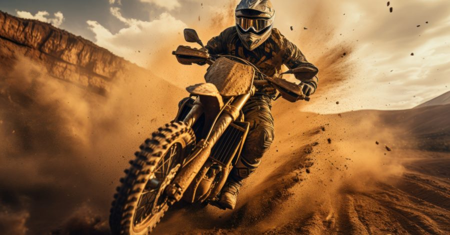 Imagem gerada por IA ilustrando o conteúdo sobre como equipar uma moto de motocross, mostrando um piloto em sua moto fazendo trilha.
